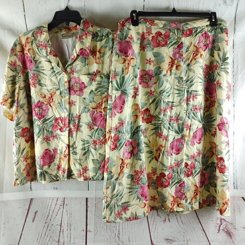 Napa Valley Womens Size 1X Multicolor Floral Beaded Blouse & Skirt Set